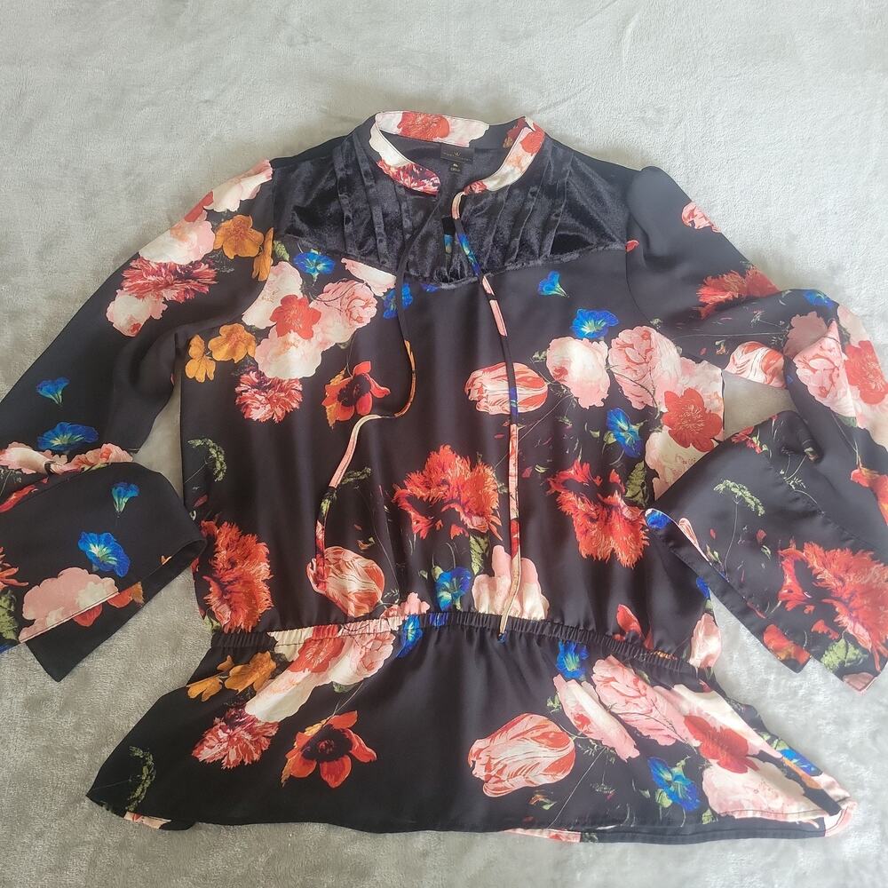 Women's Floral Print Long Flair Sleeve Blouse Size XL Velvet Sheer Dark Romantic